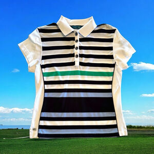 Astra Womens Golf Polo Shirt Size Small White Blue Stripes Short Sleeve WY Logo